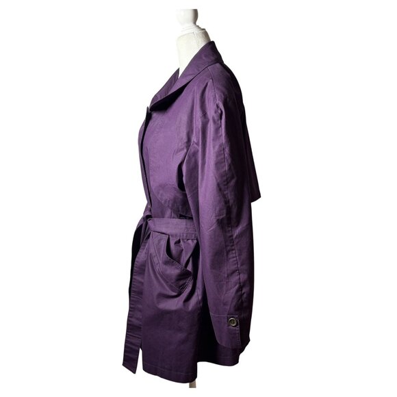 Womens M Vintage Purple Double-Breasted Mid Trench Coat belted plaid lining - Picture 4 of 11